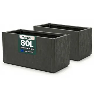 Kreher XL Pflanzkasten Blumenkasten Anthrazit, frostsicher (2X) | 80 x 36 x 36 cm aus Kunststoff im Struktur-Design für Garten, Terrasse und Balkon