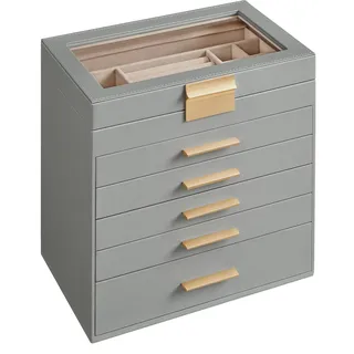 SONGMICS JBC171G01 Schmuckkästchen mit Glasdeckel, 6 Ebenen, 5 Schubladen, für Sonnenbrillen, großen Schmuck, Schmuckaufbewahrung, moderner Stil, Taubengrau und Gold