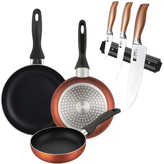 Well Home Set mit 3 Pfannen, Ø 16 x 20 x 24 cm, aus gepresstem Aluminium, kupfer-metallic + 3-teiliges Messerset aus Edelstahl mit magnetischem Stopphalter