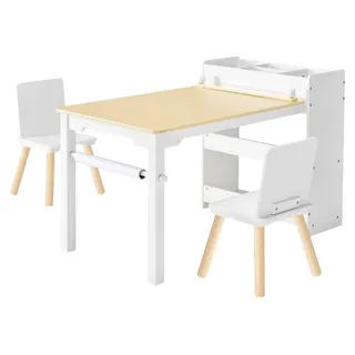 Kinder-Kunst-Tisch-und-Stuhl-Set, Basteltisch für Kleinkinder mit 3-stöckigem Aufbewahrungsschrank, Spieltisch aus Holz für Kinder mit 2 Stühlen, Basteltisch zum Lesen, Lernen, Zeichnen und Schreiben, weiß
