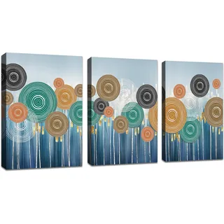 3 Pcs Leinwandbilder Bilder mit Rahmen Bunte Kreise bild auf leinwand Abstrakt Marine Blau Wandkunst Wandbilder Kunstdruck Deko für Wohnzimmer Schlafzimmer fertig zum Aufhängen 90x40cm(30x40x3)