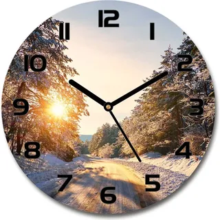Wanduhr aus Glas 30fi Glasbild Glasuhr Gehärtetes Glas - schwarze-zeiger - Road in the winter forest - Gelb