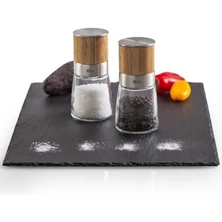 AdHoc Geschenk Set Salzmühle & Pfeffermühle Akasia MP99, Meersalz, schwarzer Pfeffer inklusive, Glas | Edelstahl | Holz