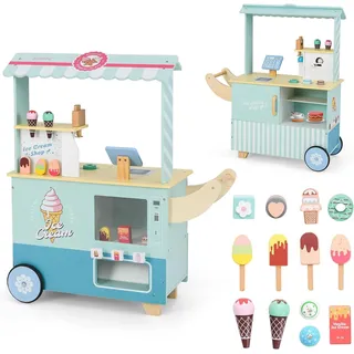 FANTASK Grün Eiswagen Kinde Kaufladen Holz mit 15 Zubehör & Eismaschine & Kasse & Scanner & Verkau