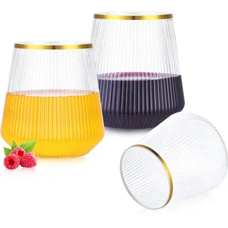Kunststoff-Weingläser mit Rippenoptik & Goldrand, 14oz (420ml) stielose wiederverwendbare BPA-frei Weinbecher, Klare unzerbrechliche Cocktailgläser für Outdoor-Party, Picknick, Drinnen & Draußen
