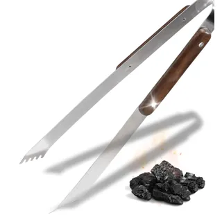 Grillzange aus Edelstahl mit Holzgriff - Griff aus Massiven Birkenholz 33 cm mit gezackten Spitzen - Braun - Braun