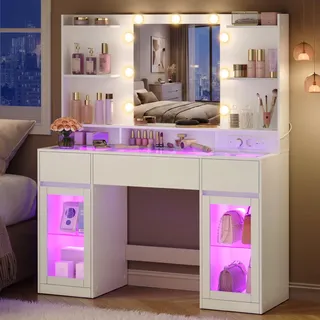 VASAGLE Schminktisch mit Spiegel, Holzspanplatte und Glas, RGB-Beleuchtung und Steckdose, mit 2 Schränken, ohne Hocker, 107 x 40 x 144,5 cm, Weiß, für Schlafzimmer, Kailyn Kollektion RDT145WB01