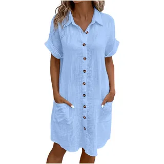 Generisch Musselin Kleid Damen Sommerkleid Damen Button Down Leinenkleid Strandkleid Casual V-Ausschnitt Minikleid Kurzarm Freizeitkleid Boho Kleid Knielang Leinenkleider