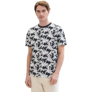 TOM TAILOR Herren Basic T-Shirt mit Allover-Print, navy white leaf design, S