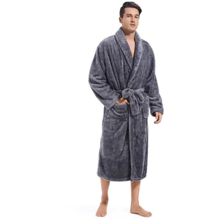 Inner Wish Herren-Bademantel aus Plüsch-Fleece, gemütlich, warm, flauschig, lang, mit Taschen, Dunkelgrau, grau dunkel, Large-X-Large