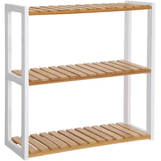 Songmics Badregal, Badezimmerregal, Bambus-Regal, Pflanzenregal mit 3 verstellbaren Ablagen, Wandmontage, freistehend, für Wohnzimmer, Flur, Küche, 60 x 15 x 54 cm, Natur und Weiß BCB13WN