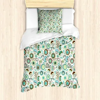 ABAKUHAUS Retro Bettbezug Set, Pastell Farbige Frühjahrsblumen Retro Flair Muster, 135 x 200 cm + 80 x 80 cm, Mintgrün Himmelblau
