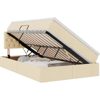 vidaXL LED-Speicherbett mit Matratze Creme 120 x 200 cm Stoff - Creme