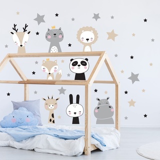 Wandtattoo Kinder - Dekoration Babyzimmer - Wandtattoo Kinderzimmer - Wandaufkleber Skandinavische Tiere + 60 Sterne - H60 x L60 cm