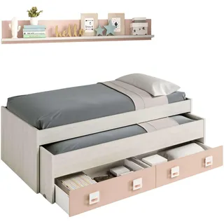 Habitdesign, Doppelbett für Kinder und Jugendliche mit 2 Schubladen und Einlegeboden, Schlafzimmerbett in Alpenweiß und Pastellrosa, Maße: 96 x 69 x 199 cm (B x H x T), Modell Nube (ohne Lattenrost)