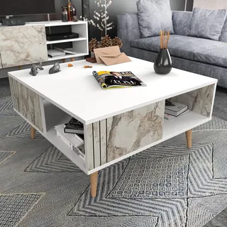 Hanah Home Modern White Coffee Table, 89.6 x 89.6 x 46.5 cm | 100% Melamine Coated Particle Board, 18 mm Thick | Stylish & Functional for Any Living Space