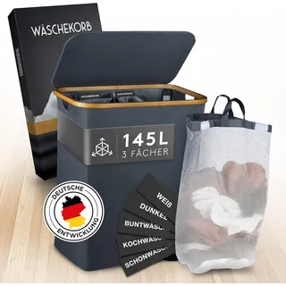 falkenwerk Wäschekorb mit Deckel 145L - Wasserabweisender Wäschesammler 3 Fächer & herausnehmbaren Wäschesäcke - Faltbare Wäschebox mit Waschhinweisen - Wäschekorb 3 Fächer