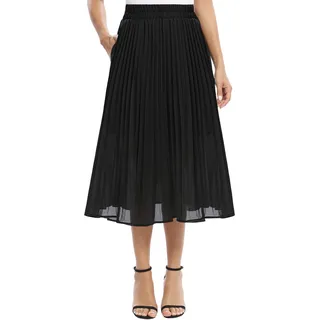 EXCHIC Damen Fließender Chiffon Elastisch Taille Midi Rock Freizeit A-Linie Knielange Falten Rock mit Tasche (M, Schwarz)