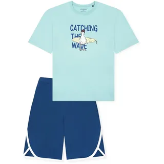 Schlafanzug SCHIESSER "Pyjama", Herren, Gr. 140, bunt (blau, türkis), Obermaterial: 100% Baumwolle CO., Homewear-Sets Schlafanzug