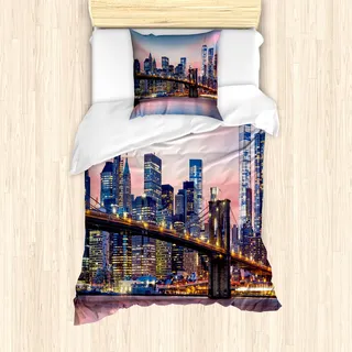 ABAKUHAUS New York Mantele, Sonnenaufgang in Brooklyn Bridge, Milbensicher Allergiker geeignet mit Kissenbezügen, 135 cm x 200 cm - 80 x 80 cm, Blau - Blau