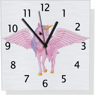 Wallario Design Wanduhr Rosa Einhorn mit großen Flügeln aus Aluverbund, Größe 30 x 30 cm - Weiß