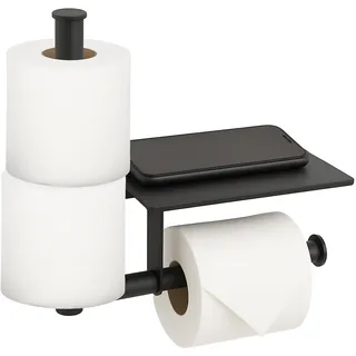 Relaxdays Toilettenpapierhalter mit Ablage, Wandmontage ohne Bohren, Ersatzrollenhalter, Klopapierhalter Metall, schwarz