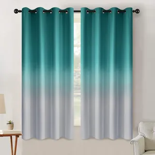 SimpleHome Ombré-Verdunkelungsvorhänge, Farbverlauf Grünblau zu Grau-Weiß, lichtblockierend, dick, wärmeisolierend, Ösen, für Schlaf- und Wohnzimmer, 2 Bahnen, ca. 130 cm x 160 cm Länge