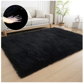 MY HOME Fellteppich »Dena, Hochflor Teppiche, kuschelig weich« rechteckig 60 mm Höhe Kunstfell, Uni-Farben, Wohnzimmer, Schlafzimmer, Esszimmer, schwarz