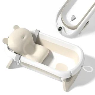 SUPERBE BEBE Faltbar Baby Badewanne Mit Rutschfestem Badekissen - Babywanne XXL Mit Baby Badewannensitz & Badethermometer - Von Der Geburt Bis 3 Jahre - Baby Bathtub - Geburtsgeschenke Für Mädchen & Jungen