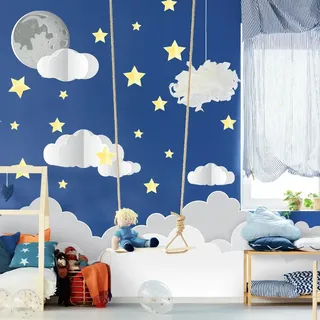 Wandtattoo Kinder Deko Babyzimmer Wandtattoo Kinderzimmer Wandsticker Sterne Wolken Mondlicht H60 x L 90 cm