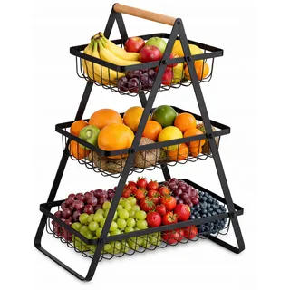PECZEKO Dreistöckiger Obstkorb mit 3 Ebenen – Platzsparende Obstschale & Obsetagere aus Metall mit Holzgriff – Stabiler Obstständer für Küche, Arbeitsplatte & Tisch, Schwarz