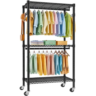 FTEYUET Kleiderständer auf Rollen, Kleiderstange, Schwerlast Kleiderständer Metall Garderobenständer Kleiderbügel Kleiderschrank mit 3 Kleiderstangen und Ablage, Haken (Schwarz, 41 D x 81 W x 210 H)