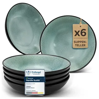 Twinzee Geschirrset 6-teilig aus Steinzeug - Teller Set 6 Tiefe Teller Sage für 6 Personen - Mikrowellen - Riviera Kollektion