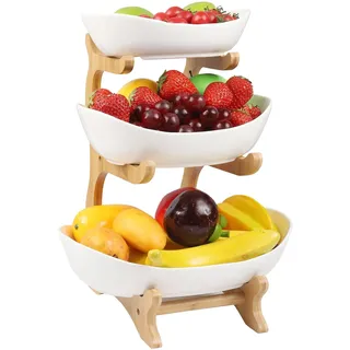 Gaethra Fruchtkuchen Stehen Mehrstöckiger Keramik-Obstkübel Küche Ablagekorb Arbeitsplatte Dekoschalen 3 Stöckig Obstschale Obstkorb Etagere mit Hölzernen Ständern für Küchendekoration Obst Snacks