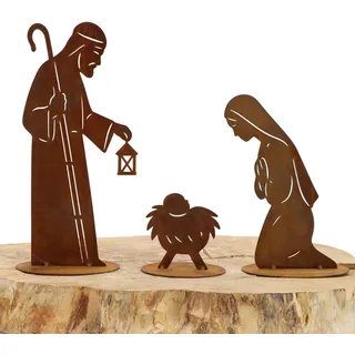 Rostikal Weihnachtskrippe XXL 3-teilig – Edelrost Krippe aus Metall mit Laterne, Maria Josef & Jesus – wetterfeste Gartendeko Weihnachten auf Standplatten, handgefertigt in Bayern