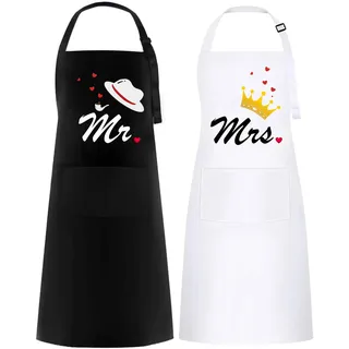umboom 2 Pack Mr & Mrs Schürze, Lustige Paar Hochzeits Geschenk, Weiß Schwarz Schürze für Brautpaar, Herren Frauen Geschenk für Valentinstag, Verlobung, Jahrestag, Weihnachten (Bowlerhat & Crown)