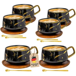 Intirilife Kaffeetasse Marmor Design 200 ml mit Untersetzer (6-tlg.) , Schwarz , Keramik , 12-teilig , 0.2 L , 13x6.3x13 cm , leicht zu reinigen , Geschirr, Tassen, Tassen Sets