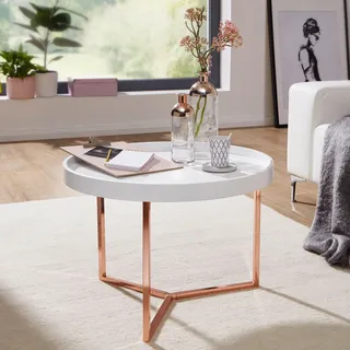 FineBuy Couchtisch 58,5x42x58,5cm Sofatisch Metall Rund Designer Retro Wohnzimmertisch modern Kleiner Loungetisch Weiß Kupfer - Weiß