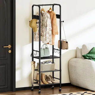 CHOEZON Garderobenständer, Mobiler 3-stöckiger Kleiderständer, Garderobe mit 4 Rollen, Garderobe Schmal, mit Schuhablage, für Flur, Schlafzimmer, Kleiderschrank, Wohnzimmer, Schwarz DTYM17BB