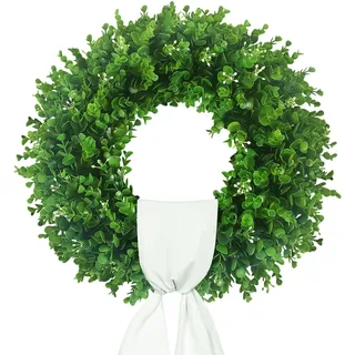 Hecaty Künstlicher Buchsbaum Türkranz 50cm, UV-Beständige Blätter | Weißen Blumenknospen | Satinband, Grüner Frühlings Sommer Ganzjährig Dekokranz für Haustür Fenster Wand Innen Auße
