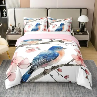 Kolibri 100% Baumwolle Bettbezug 135x200 Schlafzimmer Dekor,Vogel Paar Bettwäsche Set für Kinder Teens Erwachsene,Japanischer Stil Tröster Bezug,Öl Art Vogel Kirschblüte Bett Set mit 1 Kissenbezug