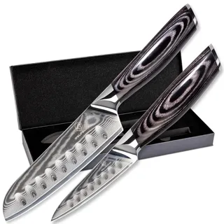 Wolfblood PRO 2er Damastmesser Set L (23cm und 19cm) TÜV geprüfter 62 HRC Damaststahl aus 67 Lagen I Damast Küchenmesser Set mit Santokumesser Kochmesser Holzgriff Geschenkbox und Klingenschutz