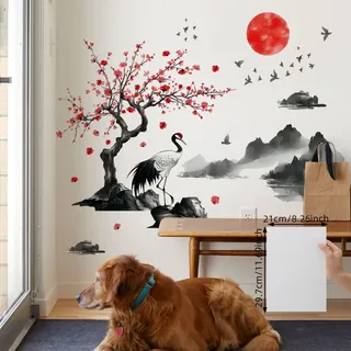 FUFUQUARE Japanische Stil Landschaft Malerei Wandaufkleber Kranich Sonne Berg Wandtattoo PVC abnehmbare Kunst Dekor für Schlafzimmer Wohnzimmer, Flur Spielzimmer Büro Dekoration