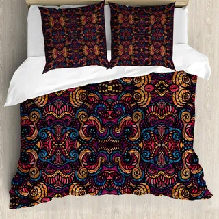 ABAKUHAUS Ethnisch Bettbezug Set, Hand gezeichnetes Bild mit orientalischem Regenbogen farbigem Blumenstrudel-Glasmuster-Bild, 200 x 200 cm + 80 x 80 cm, Mehrfarbig