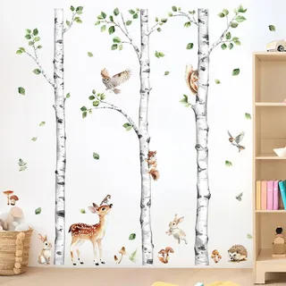 Decvictor Wandtattoo Großer Birkenbaum Waldtier Wandaufkleber Hirsch Kaninchen Eichhörnchen Eule Wandsticker Kinderzimmer Babyzimmer Jungenzimmer Mädchenzimmer Wanddeko (H: 153cm)