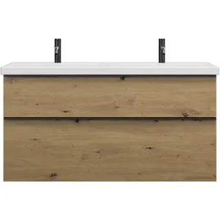 burgbad Eqio Keramik-Doppelwaschtisch inklusive Waschtischunterschrank mit 2 Schubladen, Breite 1230mm, SEYS123F5662C0001G0252, Farbe: Eiche Dekor Urban / Eiche Dekor Urban, Griffleiste Schwarz Matt