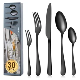 Besteck Set für 6 Personen 30 teilig Schwarz Matt Essbesteck Set inkl Messer Gabel Löffel Edelstahl Spülmaschinenfest