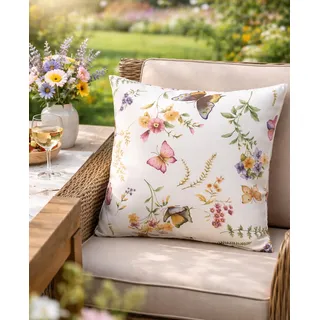 KAMACA Kissenhülle Schmetterlinge auf der Blumenwiese – 40x40 cm Kissenbezug – Dekorativer Blumen-Print mit bunten Faltern – Waschbare Sommer-Deko für Sofa, Sessel & Gartenmöbel