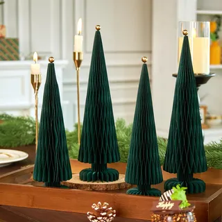 SUNBEAUTY 4 Stück Weihnachtsbaum Deko Tannenbaum 3D Papier Dunkelgrün Waben Papier Christmas Baumschmuck mit Metallkugel Tischdeko Weihnachten mit Sockel Weihnachtsdeko für Zimmer Fenster Kamin Tisch