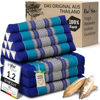 livasia Thaikissen mit 3 Auflagen - 175x50x8cm - Dreieckskissen mit Klappmatratze, Keilkissen Kapok, Rückenkissen faltbar, Thaimatte zum Klappen, handgefertigt, Meditationskissen (Blau)